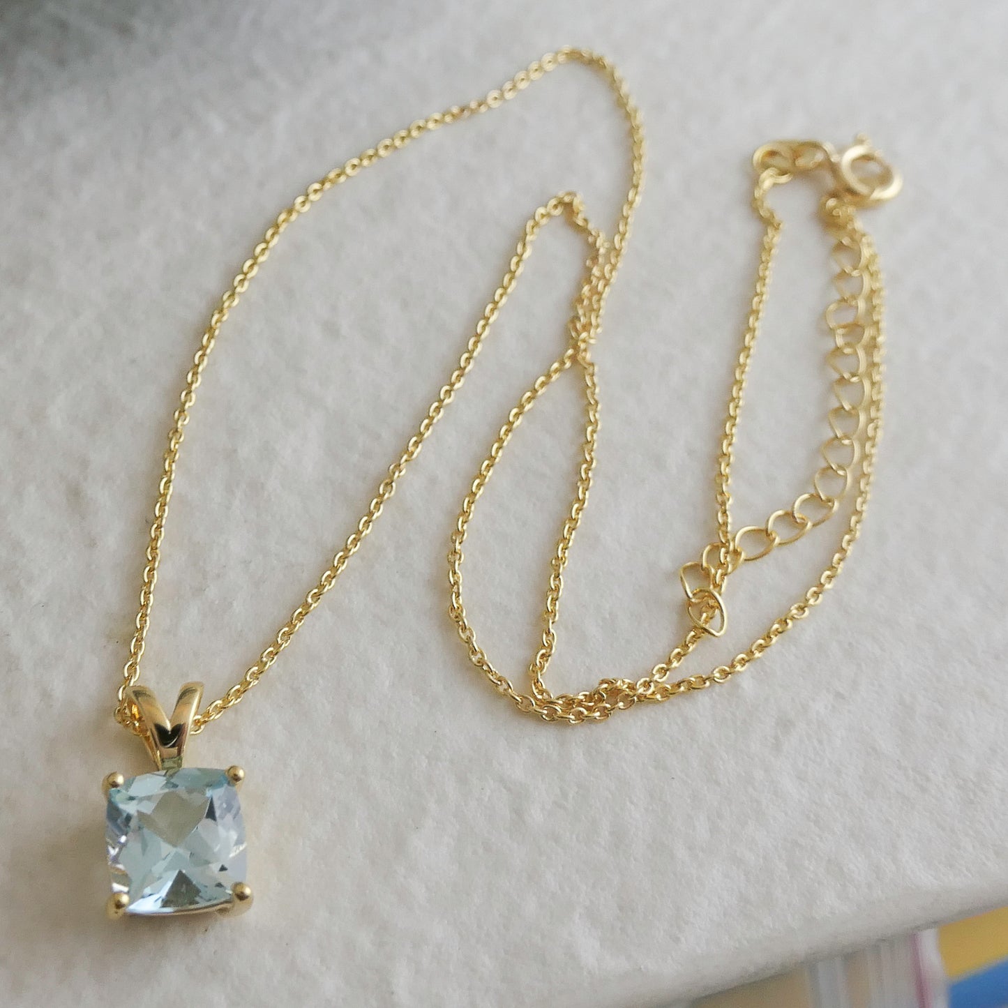 Elegant Blue Topaz Necklace – Cushion Cut, Gold Plated Sterling Silver