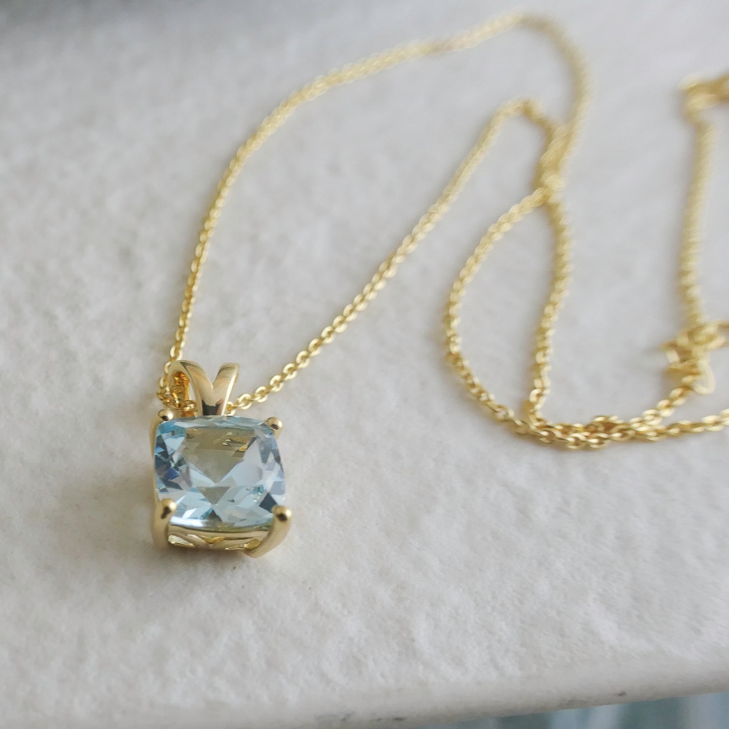 Elegant Blue Topaz Necklace – Cushion Cut, Gold Plated Sterling Silver