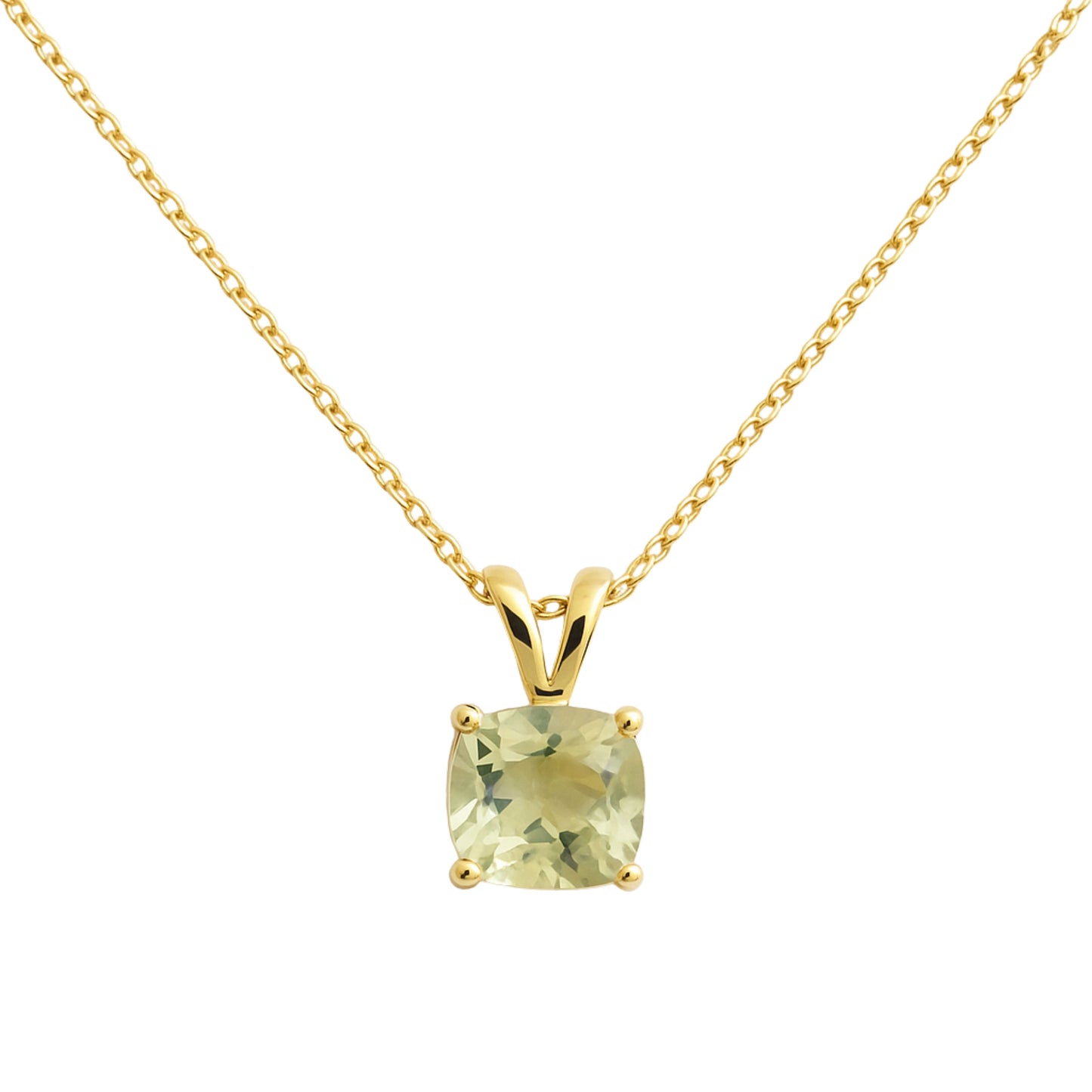 Elegant Green Amethyst Necklace – Cushion Cut,  Gold Plated Sterling Silver