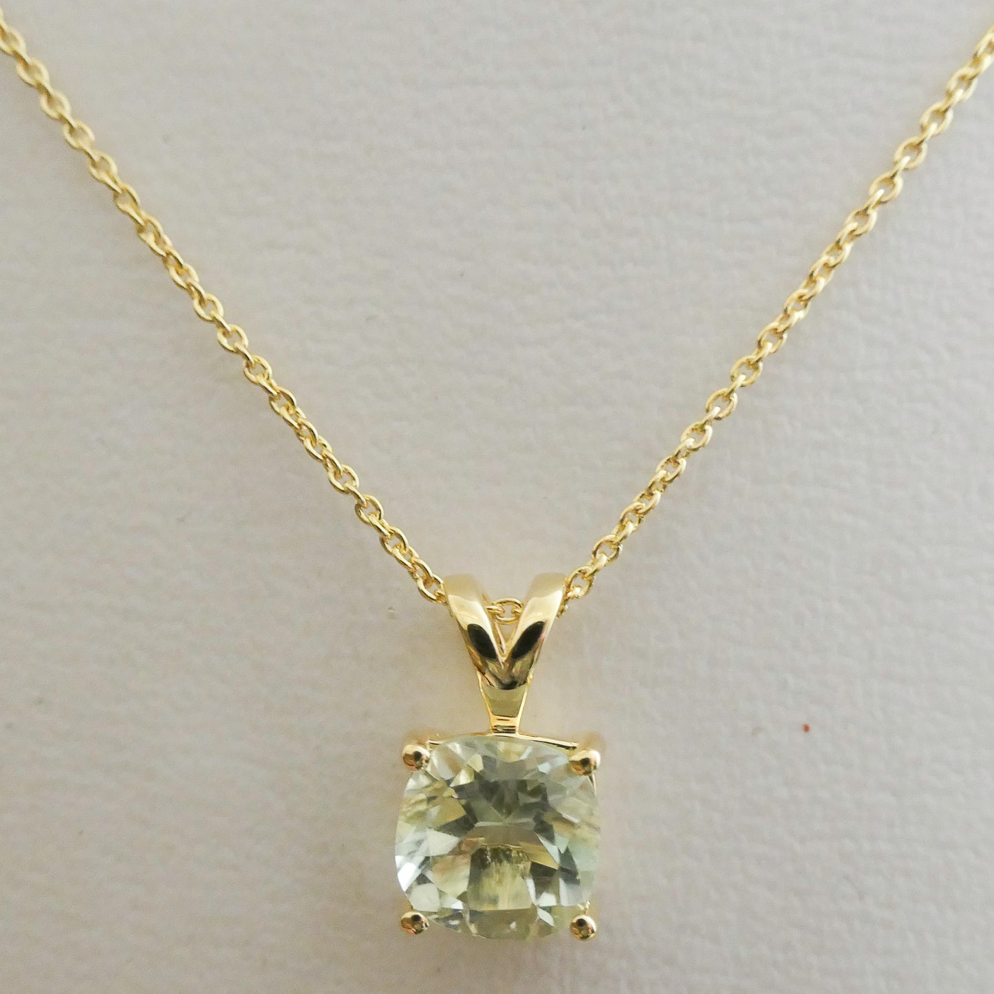 Elegant Green Amethyst Necklace – Cushion Cut,  Gold Plated Sterling Silver