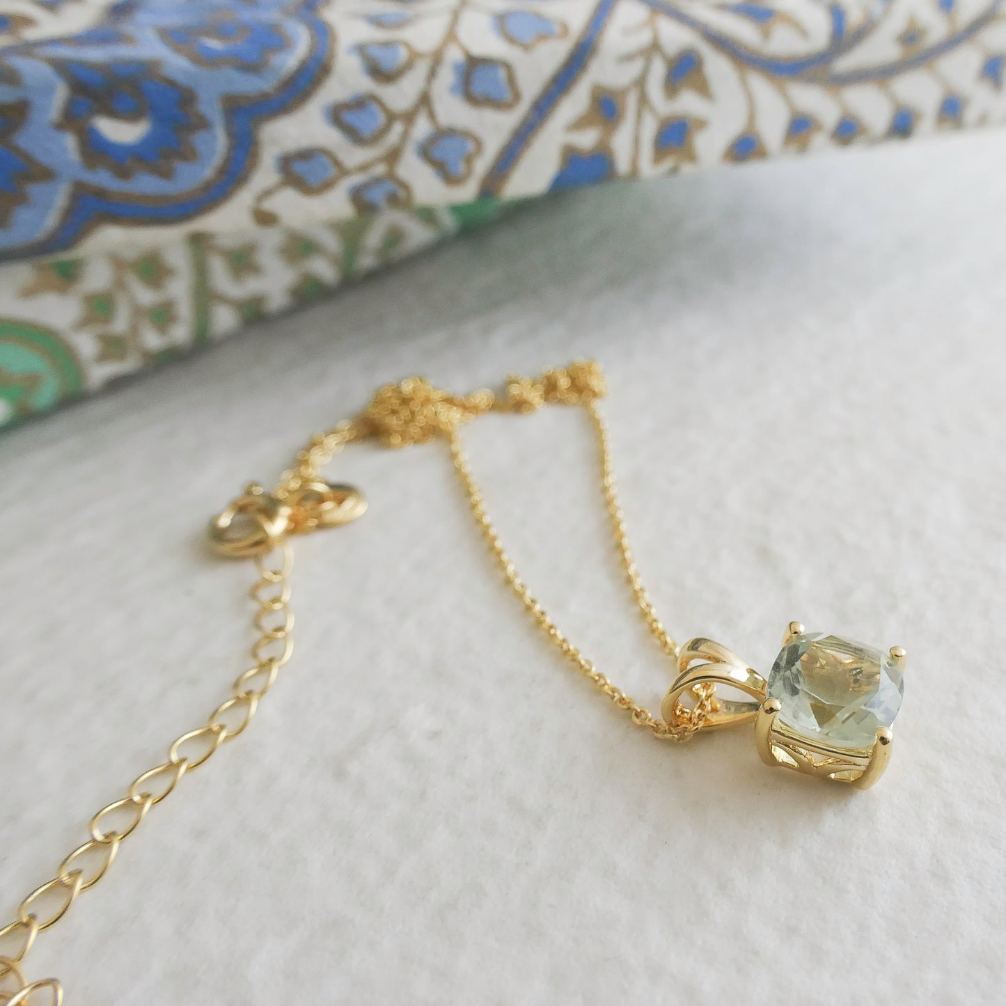 Elegant Green Amethyst Necklace – Cushion Cut,  Gold Plated Sterling Silver