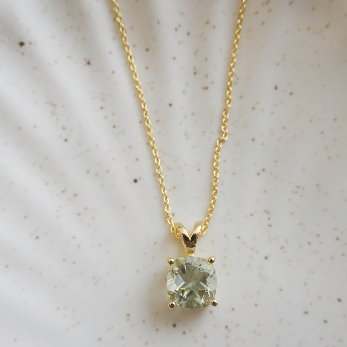 Elegant Green Amethyst Necklace – Cushion Cut,  Gold Plated Sterling Silver