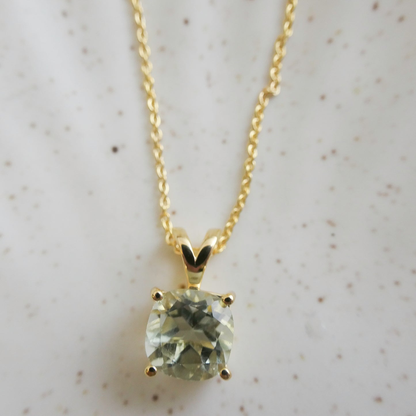 Elegant Green Amethyst Necklace – Cushion Cut,  Gold Plated Sterling Silver