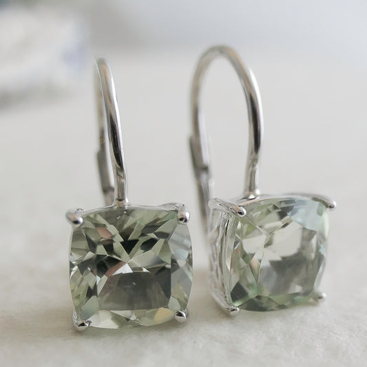 Green Amethyst Silver Leverback Earrings