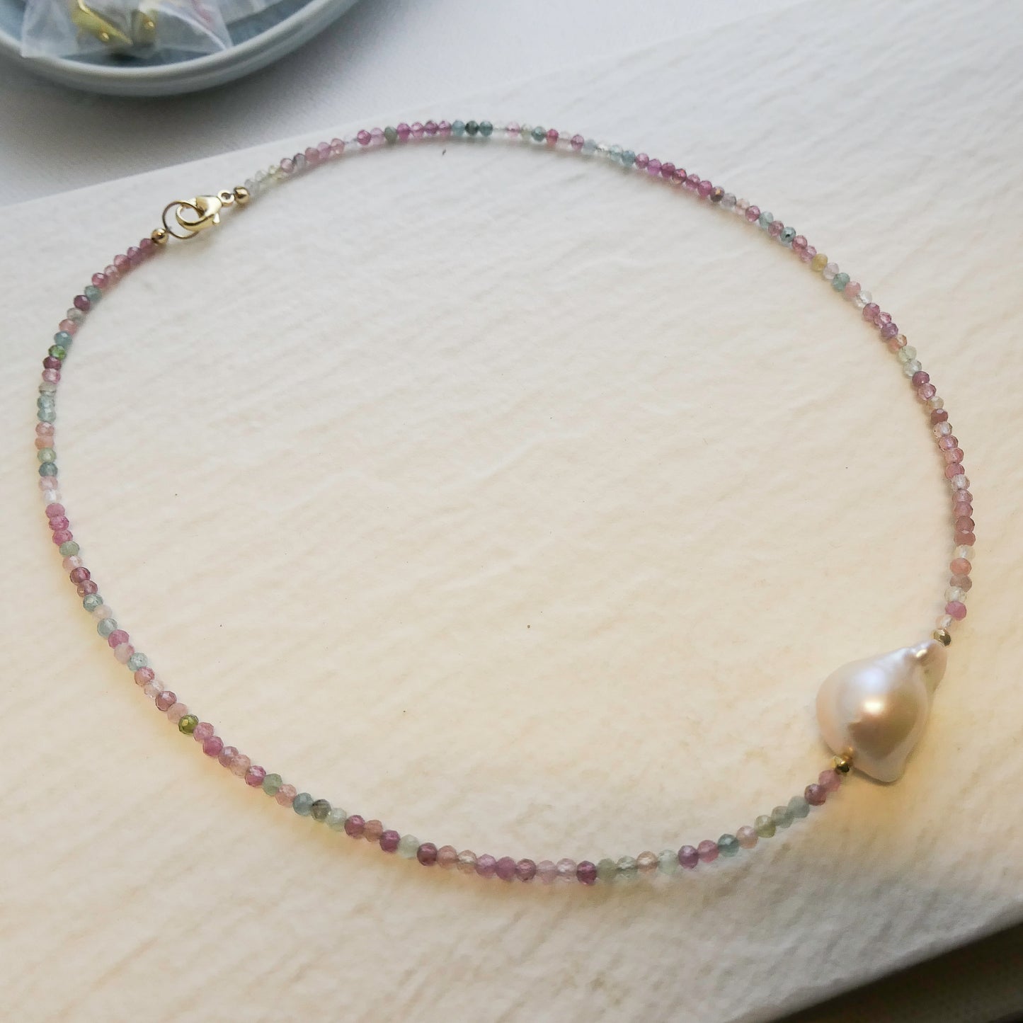 Tourmaline and Baroque Pearl Natural Gemstone Beaded Necklace 17 inches