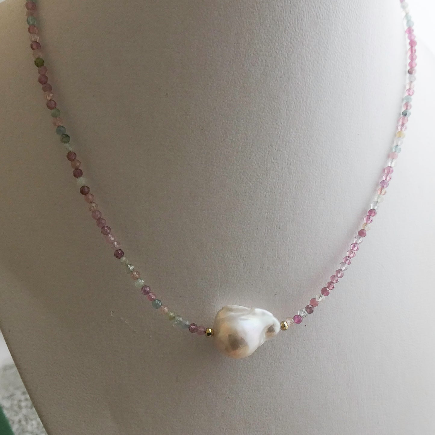 Tourmaline and Baroque Pearl Natural Gemstone Beaded Necklace 17 inches