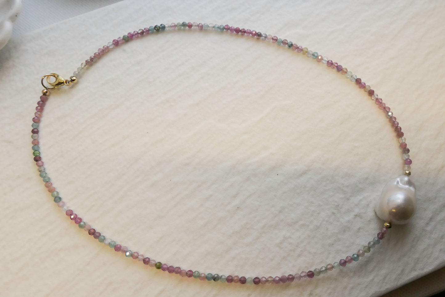 Tourmaline and Baroque Pearl Natural Gemstone Beaded Necklace 17 inches