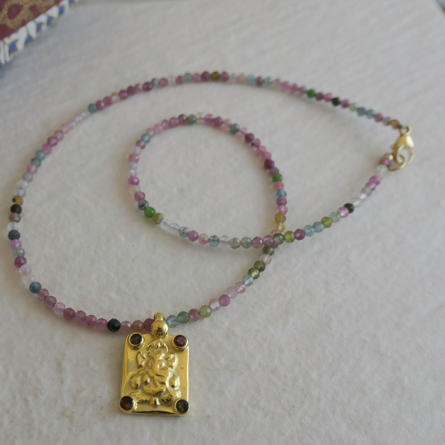 Tourmaline and Ganesh Pendant Natural Gemstone Beaded Necklace 17 inches