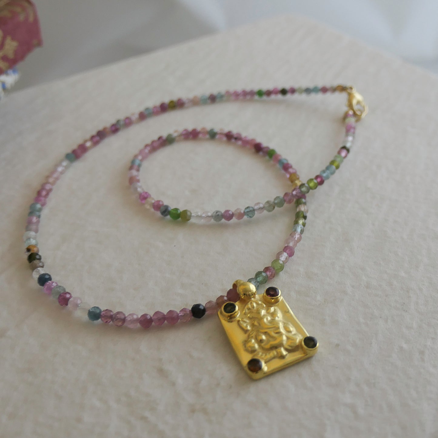 Tourmaline and Ganesh Pendant Natural Gemstone Beaded Necklace 17 inches