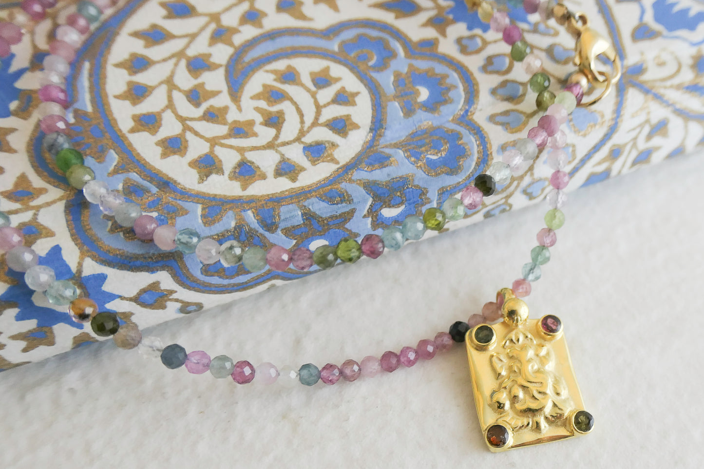 Tourmaline and Ganesh Pendant Natural Gemstone Beaded Necklace 17 inches