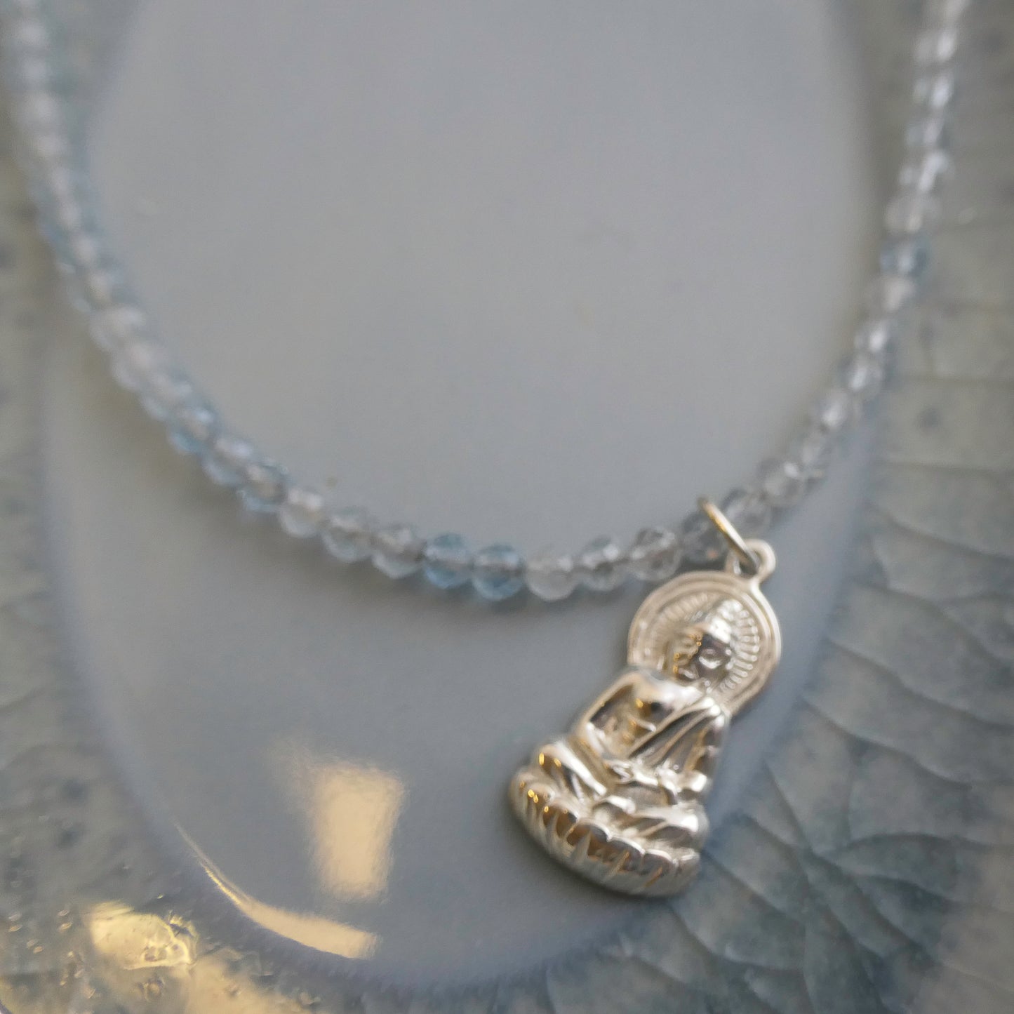 Aquamarine and Buddha Pendant Natural Gemstone Beaded Necklace 17 inches