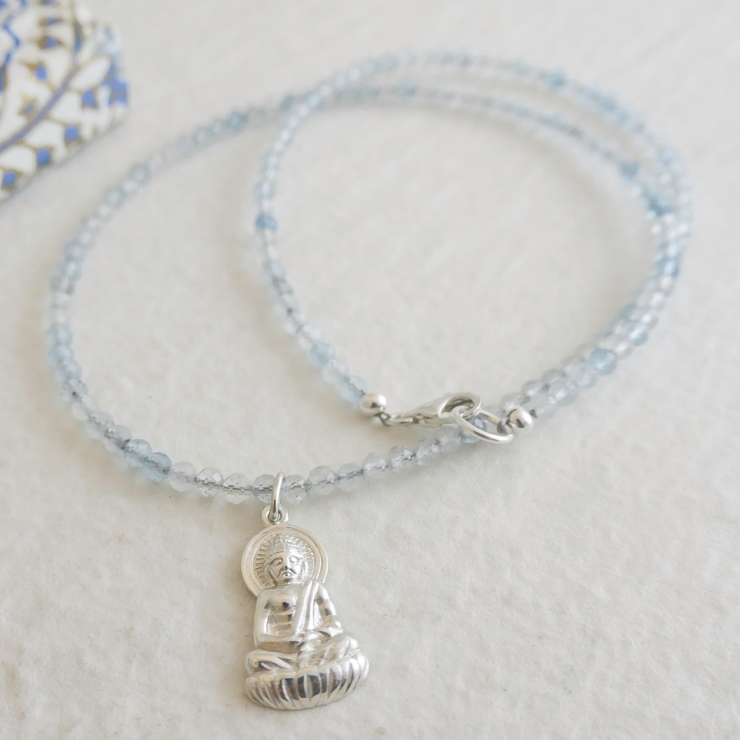 Aquamarine and Buddha Pendant Natural Gemstone Beaded Necklace 17 inches
