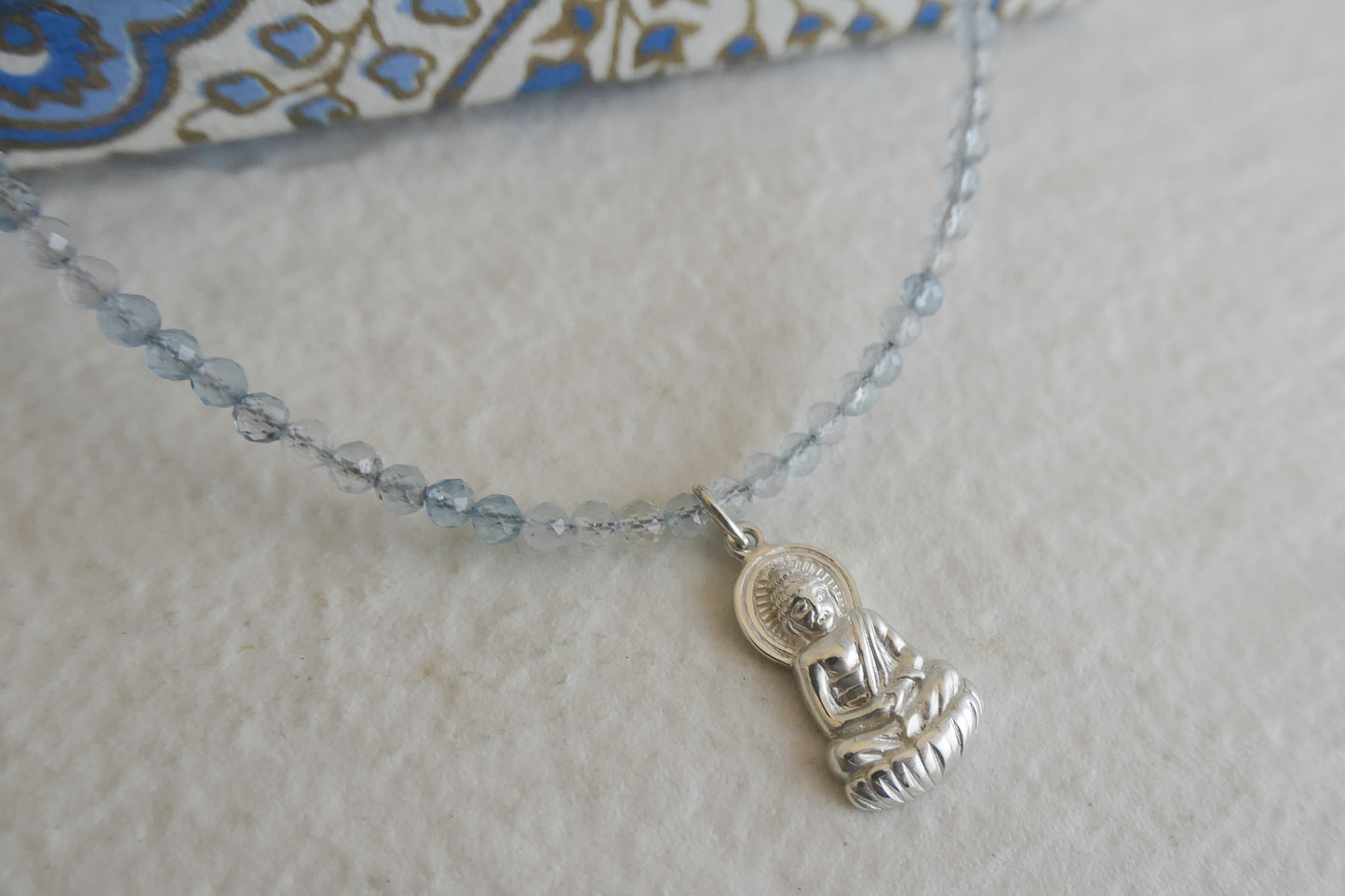 Aquamarine and Buddha Pendant Natural Gemstone Beaded Necklace 17 inches