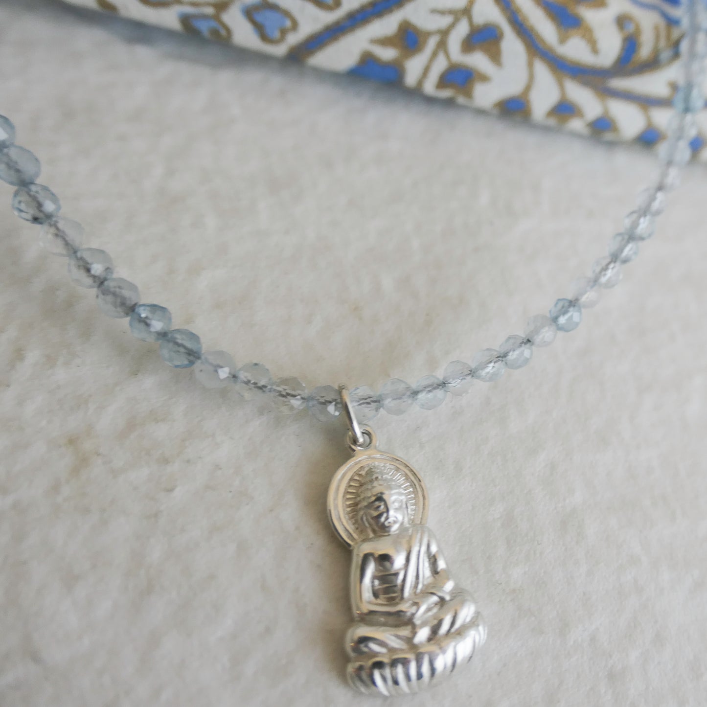 Aquamarine and Buddha Pendant Natural Gemstone Beaded Necklace 17 inches