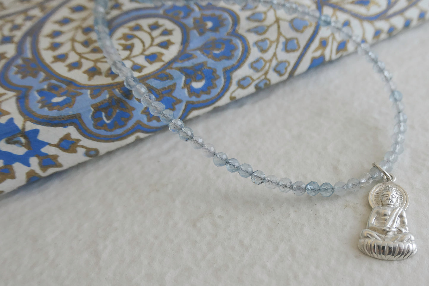 Aquamarine and Buddha Pendant Natural Gemstone Beaded Necklace 17 inches