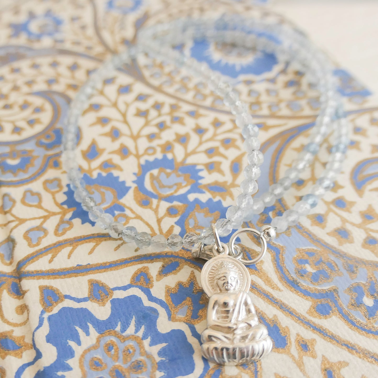 Aquamarine and Buddha Pendant Natural Gemstone Beaded Necklace 17 inches