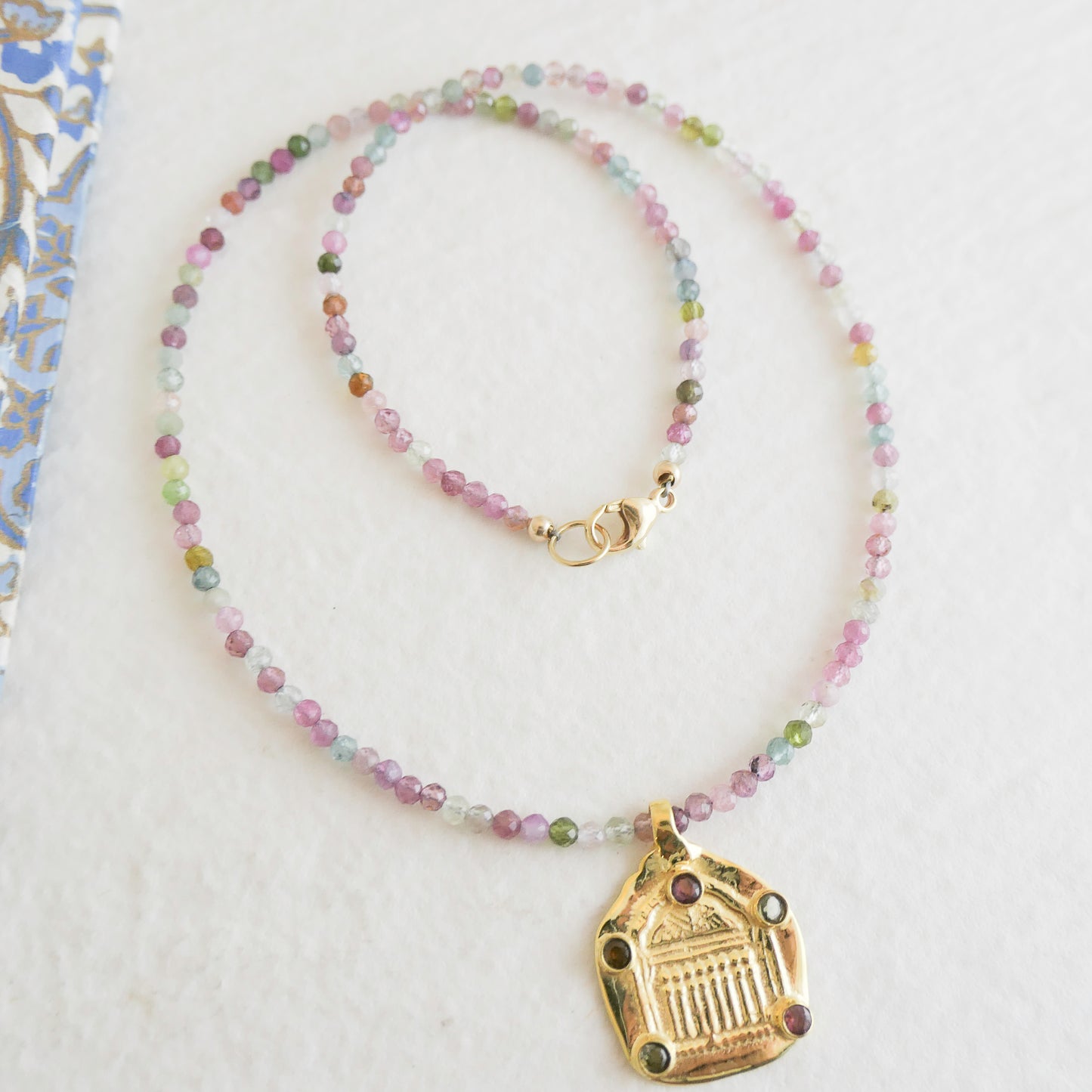Tourmaline and Temple Pendant Natural Gemstone Beaded Necklace 17 inches