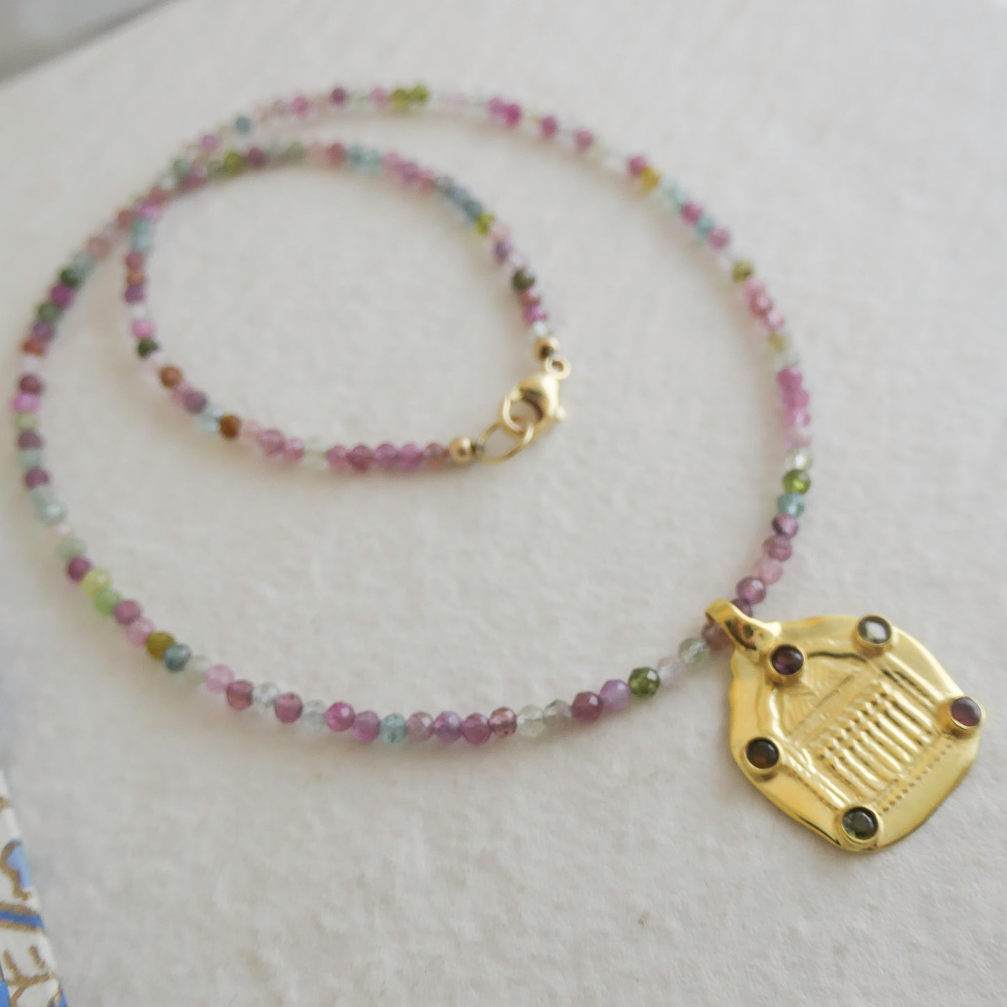 Tourmaline and Temple Pendant Natural Gemstone Beaded Necklace 17 inches