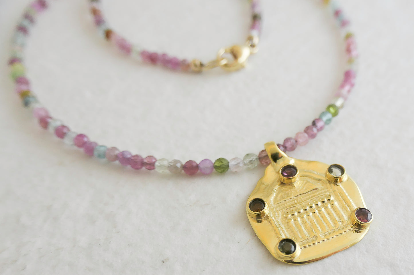 Tourmaline and Temple Pendant Natural Gemstone Beaded Necklace 17 inches