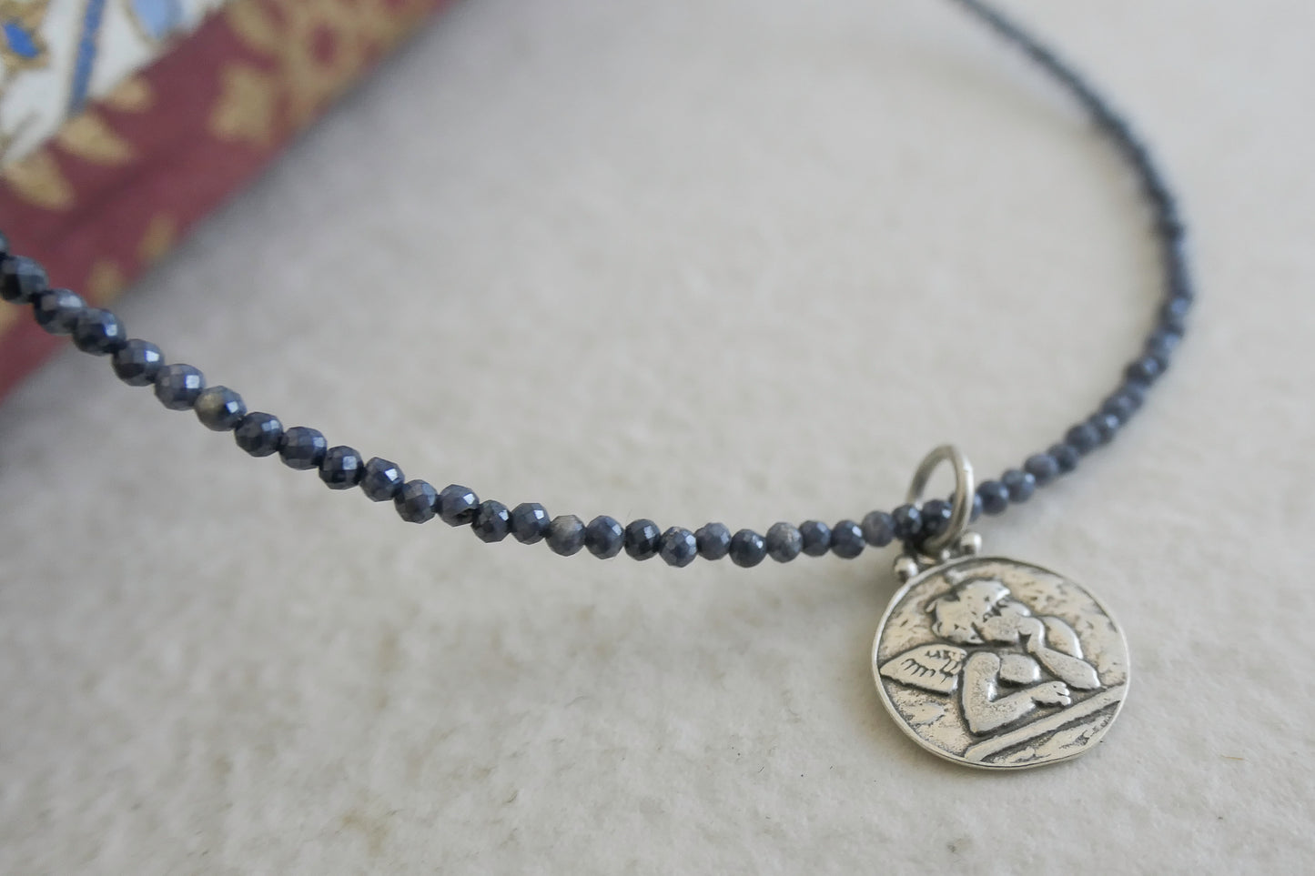 Angel Pendant with Coated Sapphire Natural Gemstone Beaded Necklace 17 inches