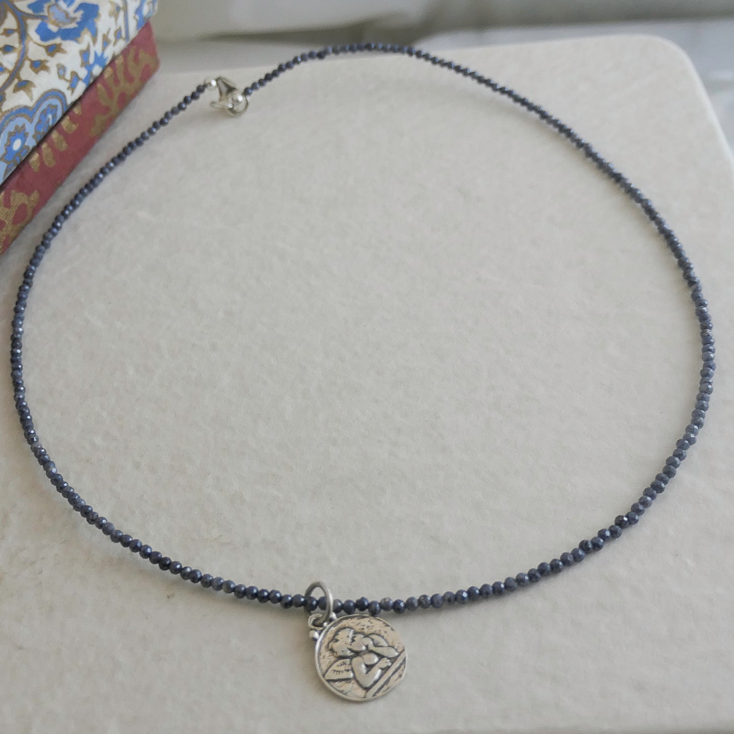 Angel Pendant with Coated Sapphire Natural Gemstone Beaded Necklace 17 inches