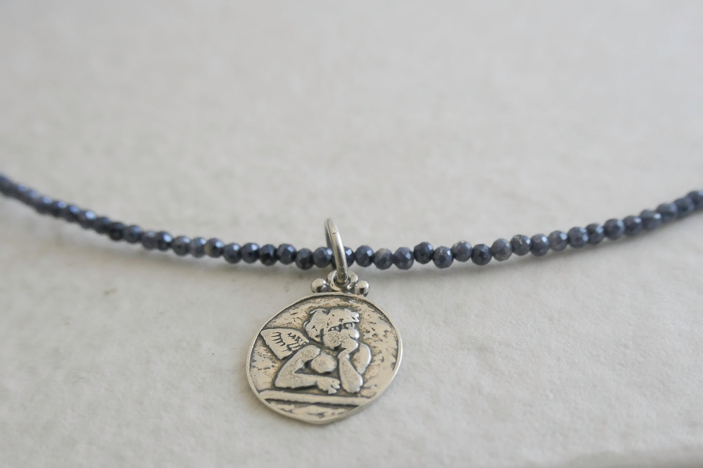 Angel Pendant with Coated Sapphire Natural Gemstone Beaded Necklace 17 inches