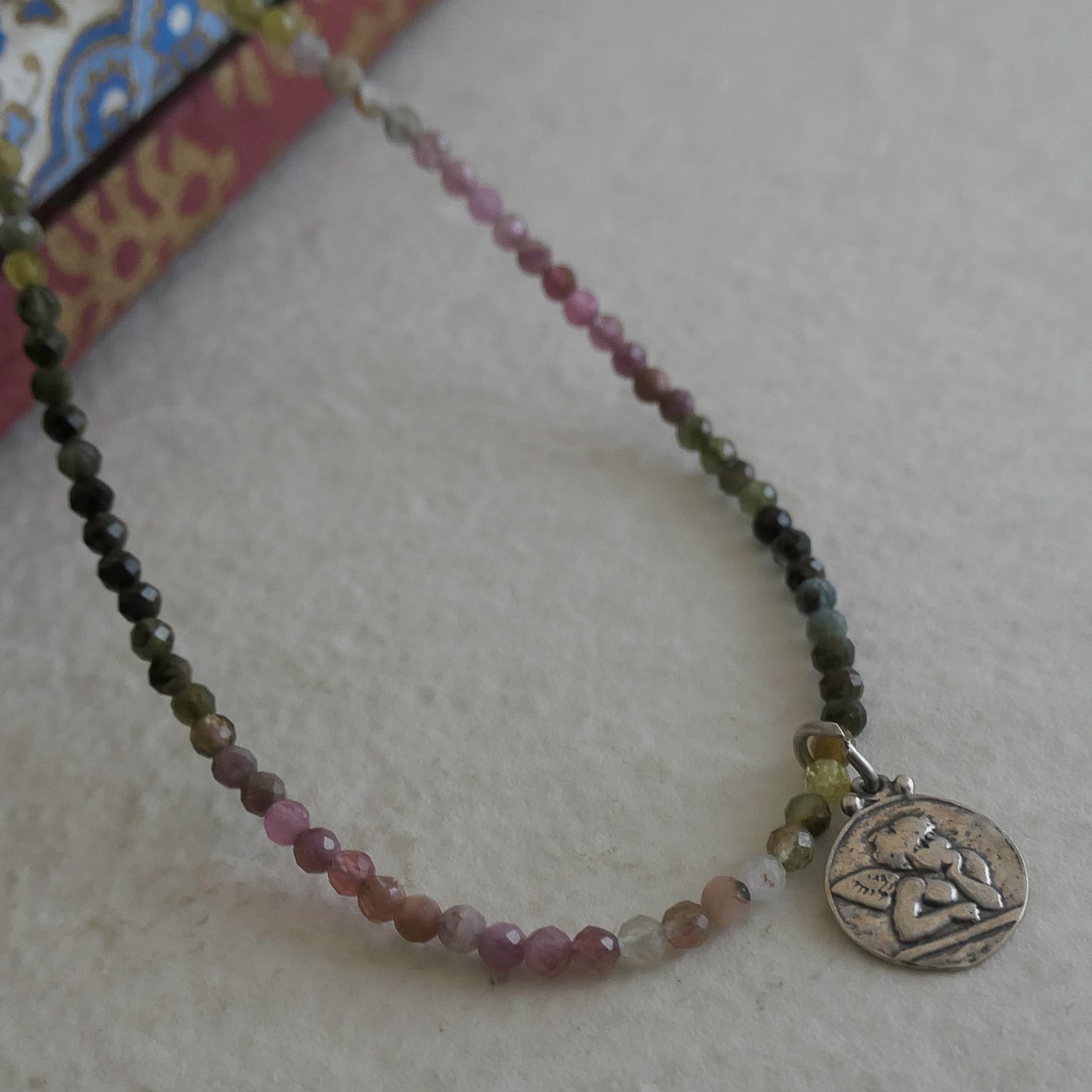 Angel Pendant with Tourmaline Natural Gemstone Beaded Necklace 16 inches