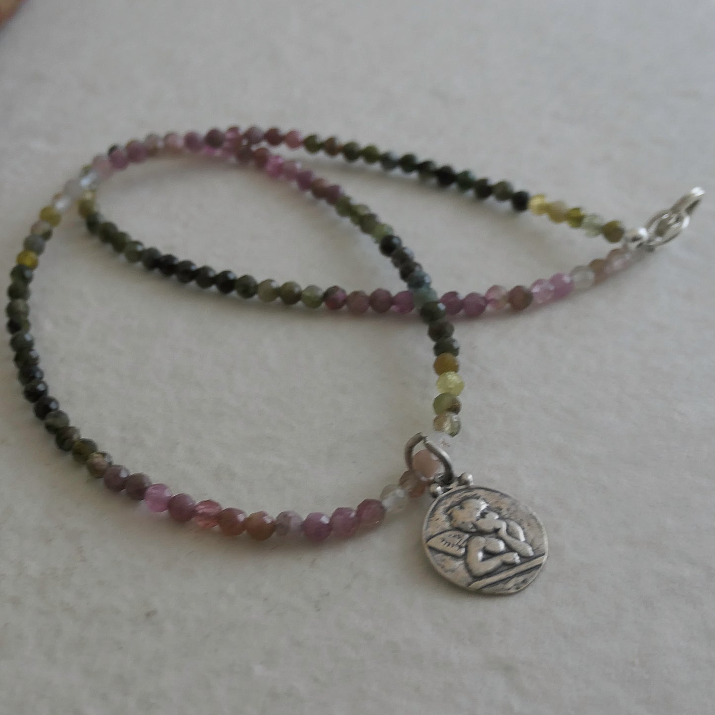 Angel Pendant with Tourmaline Natural Gemstone Beaded Necklace 16 inches