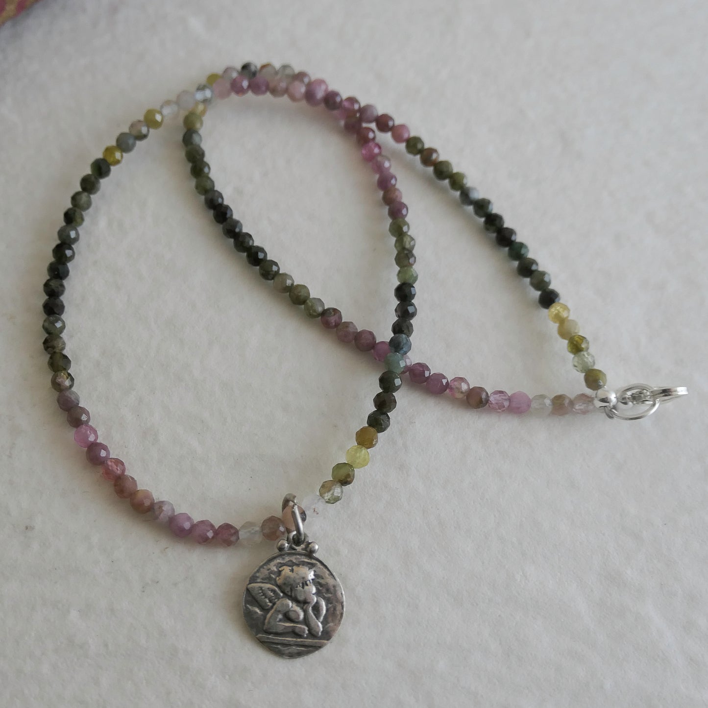 Angel Pendant with Tourmaline Natural Gemstone Beaded Necklace 16 inches