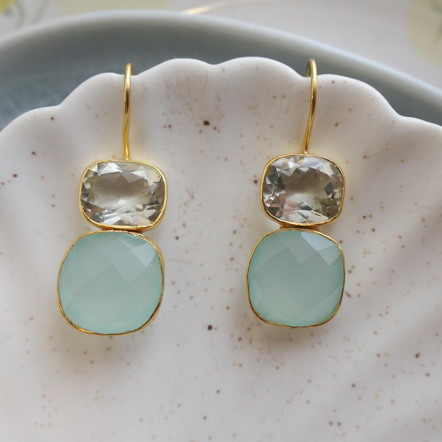 Green Amethyst and Aqua Chalcedony Vermeil Drop Earrings