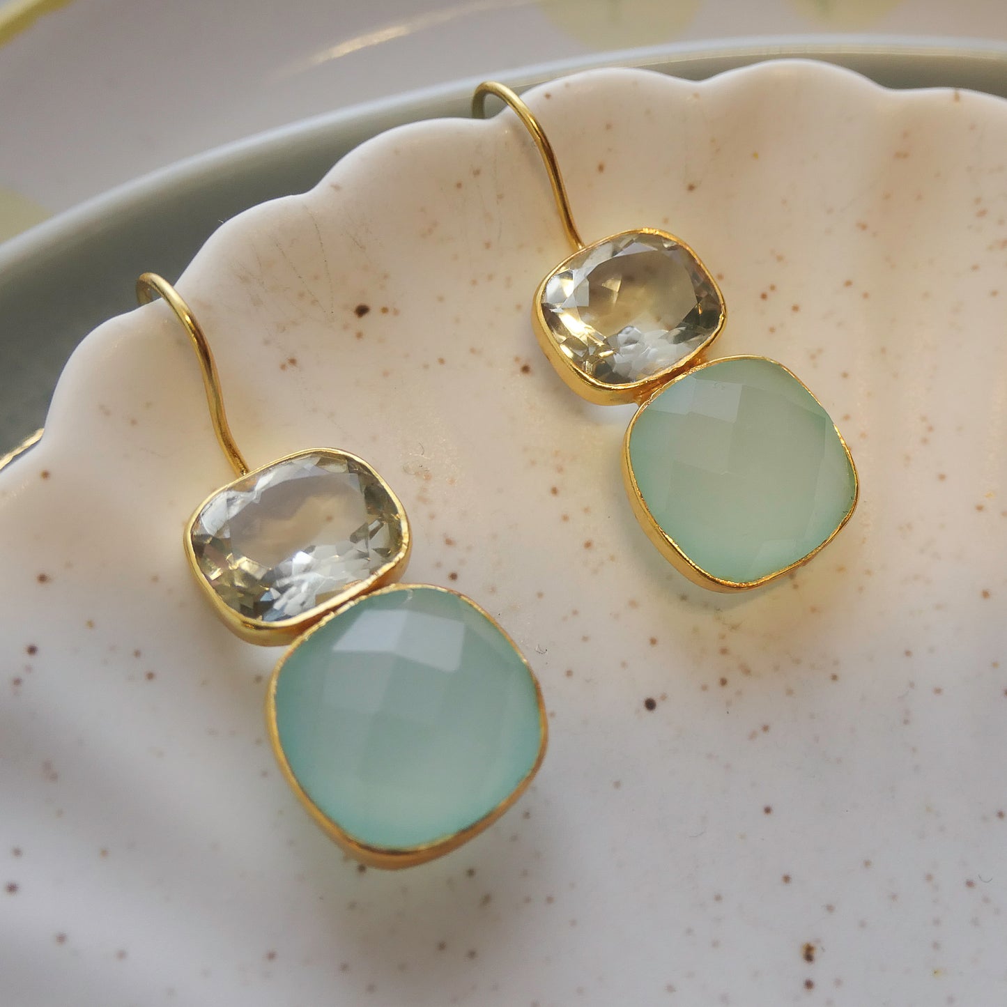 Green Amethyst and Aqua Chalcedony Vermeil Drop Earrings