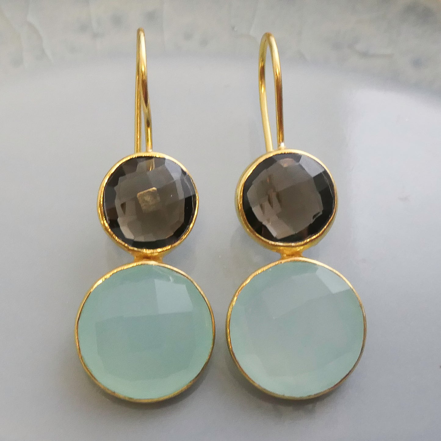 Smoky Quartz and Aqua Chalcedony Vermeil Drop Earrings