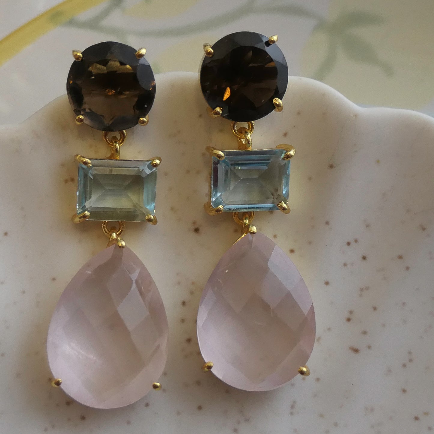 Smoky Quartz, Blue Topaz and Rose Quartz Vermeil Drop Earrings