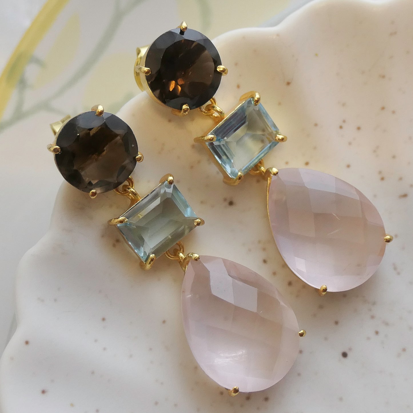 Smoky Quartz, Blue Topaz and Rose Quartz Vermeil Drop Earrings