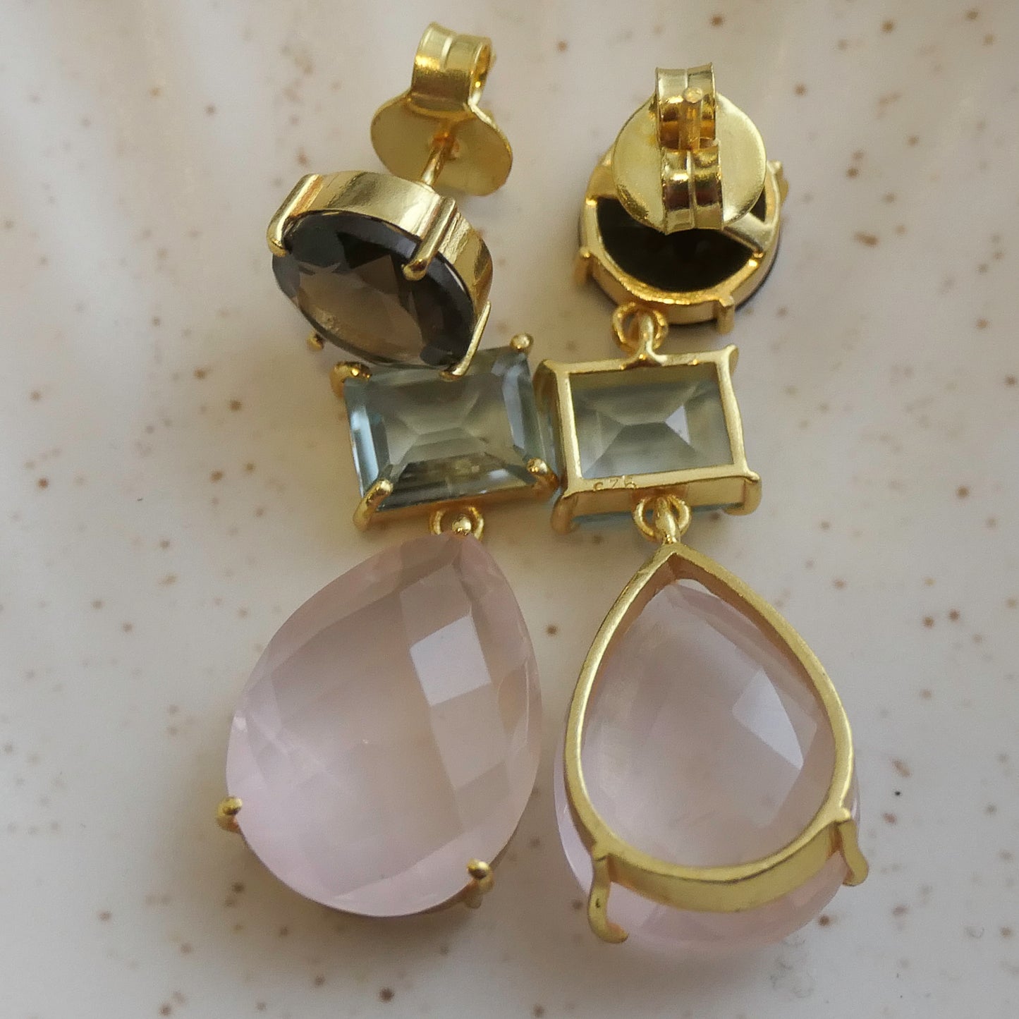 Smoky Quartz, Blue Topaz and Rose Quartz Vermeil Drop Earrings