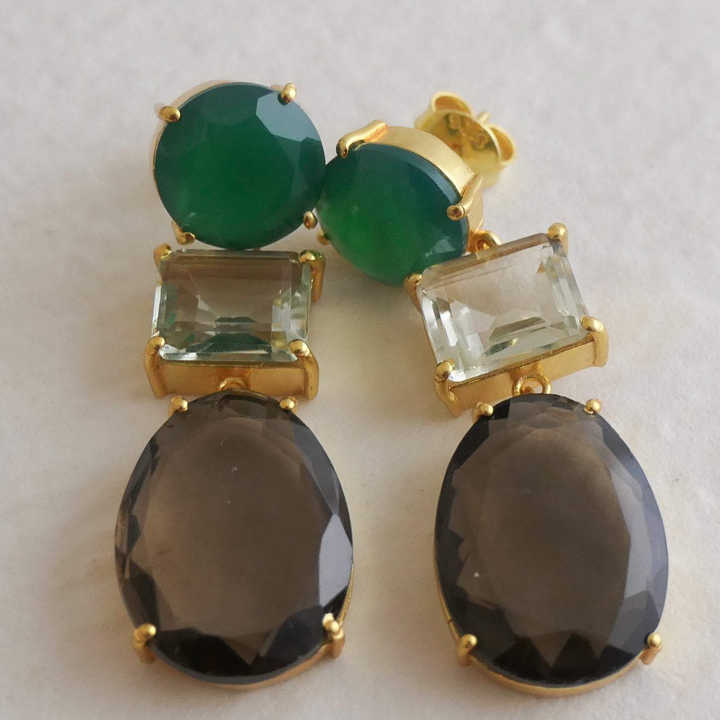 Green Chalcedony, Green Amethyst and Smoky Quartz Vermeil Drop Earrings