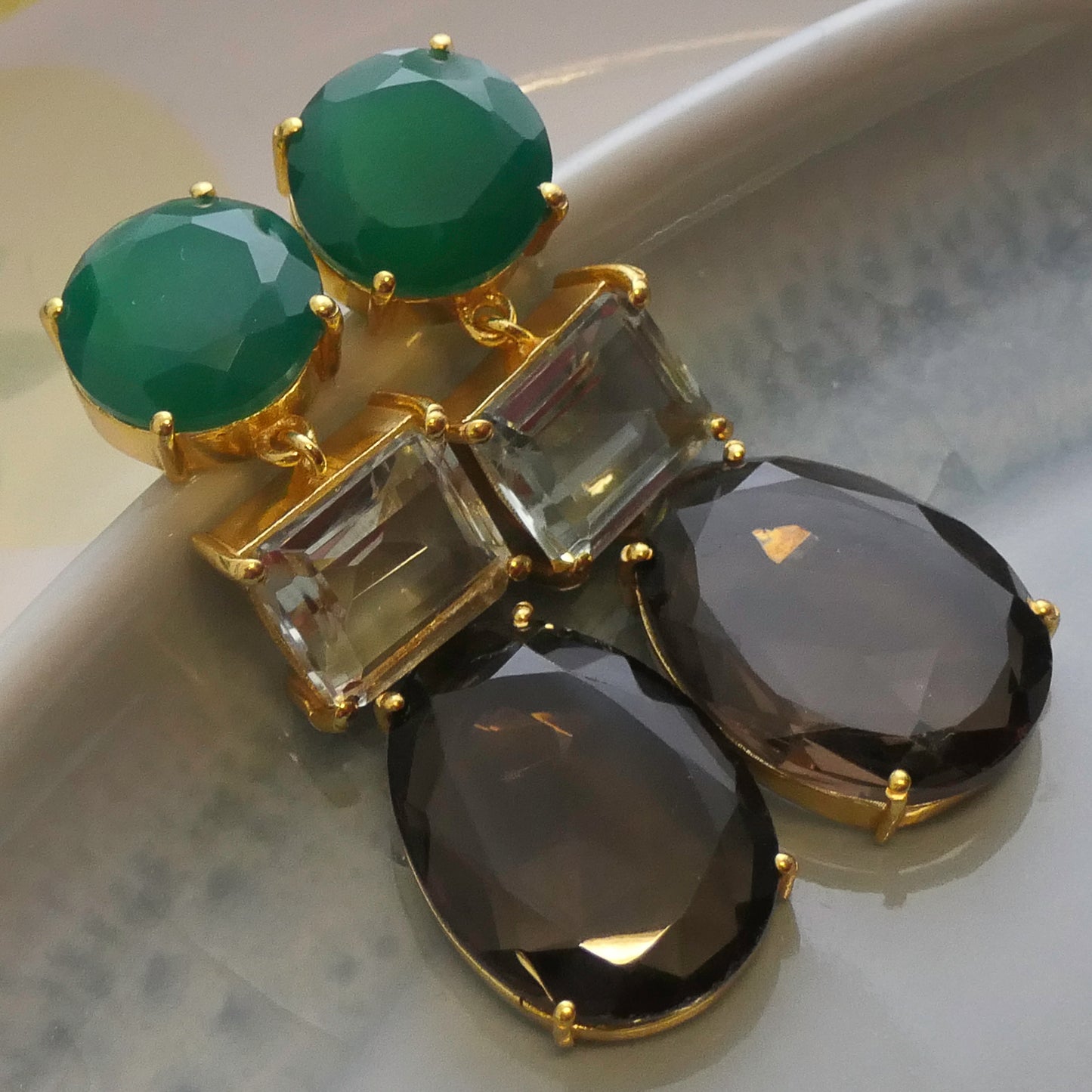 Green Chalcedony, Green Amethyst and Smoky Quartz Vermeil Drop Earrings