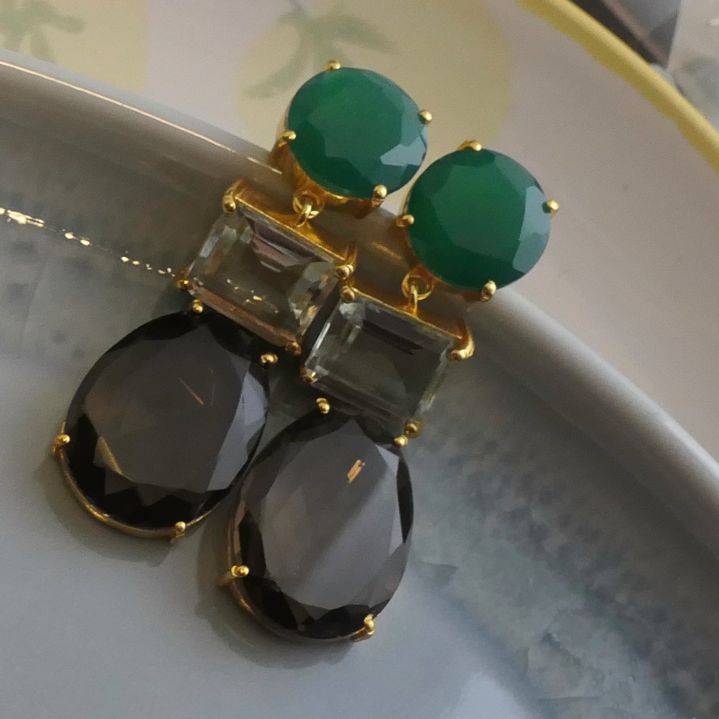 Green Chalcedony, Green Amethyst and Smoky Quartz Vermeil Drop Earrings