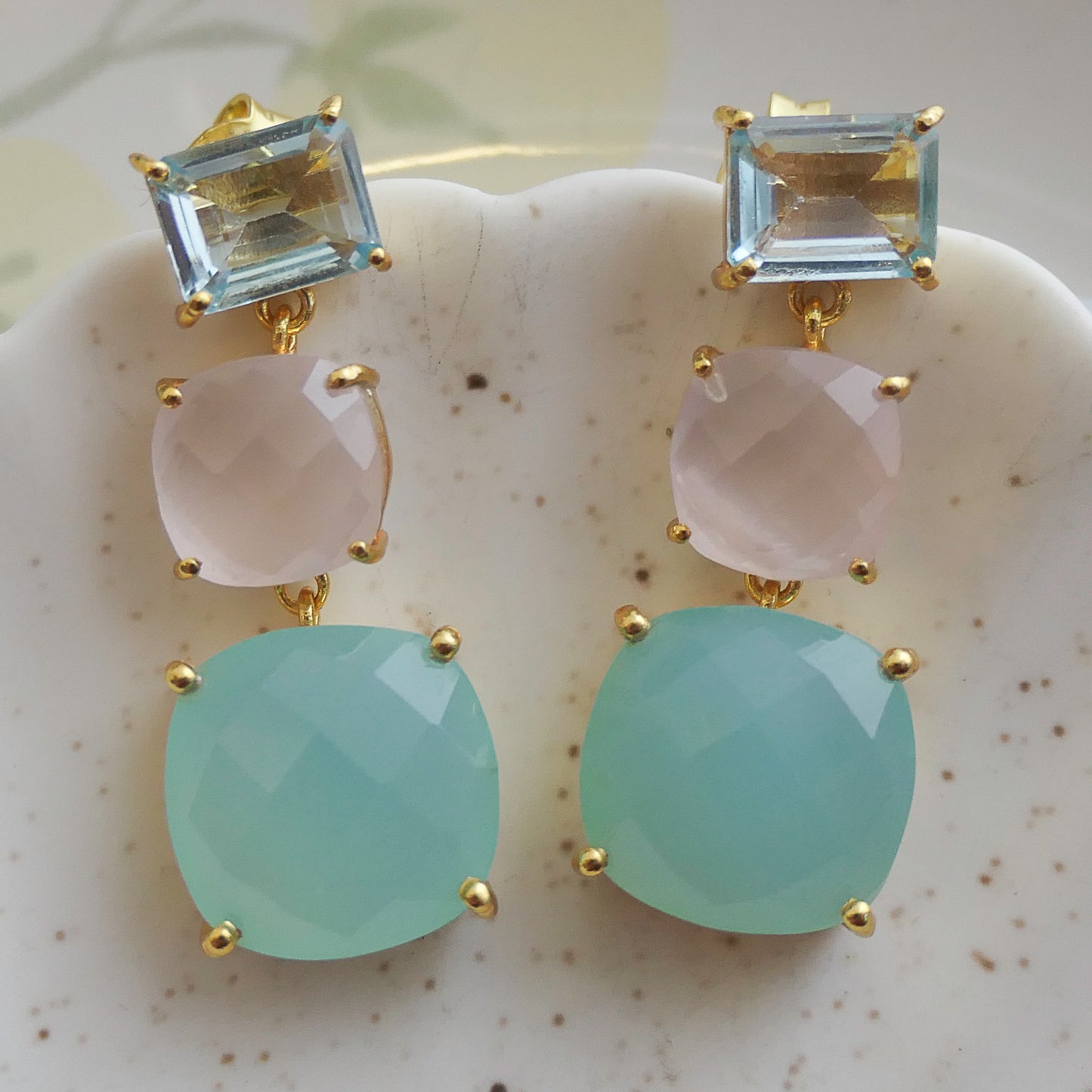 Blue Topaz, Rose Quartz and Aqua Chalcedony Vermeil Drop Earrings
