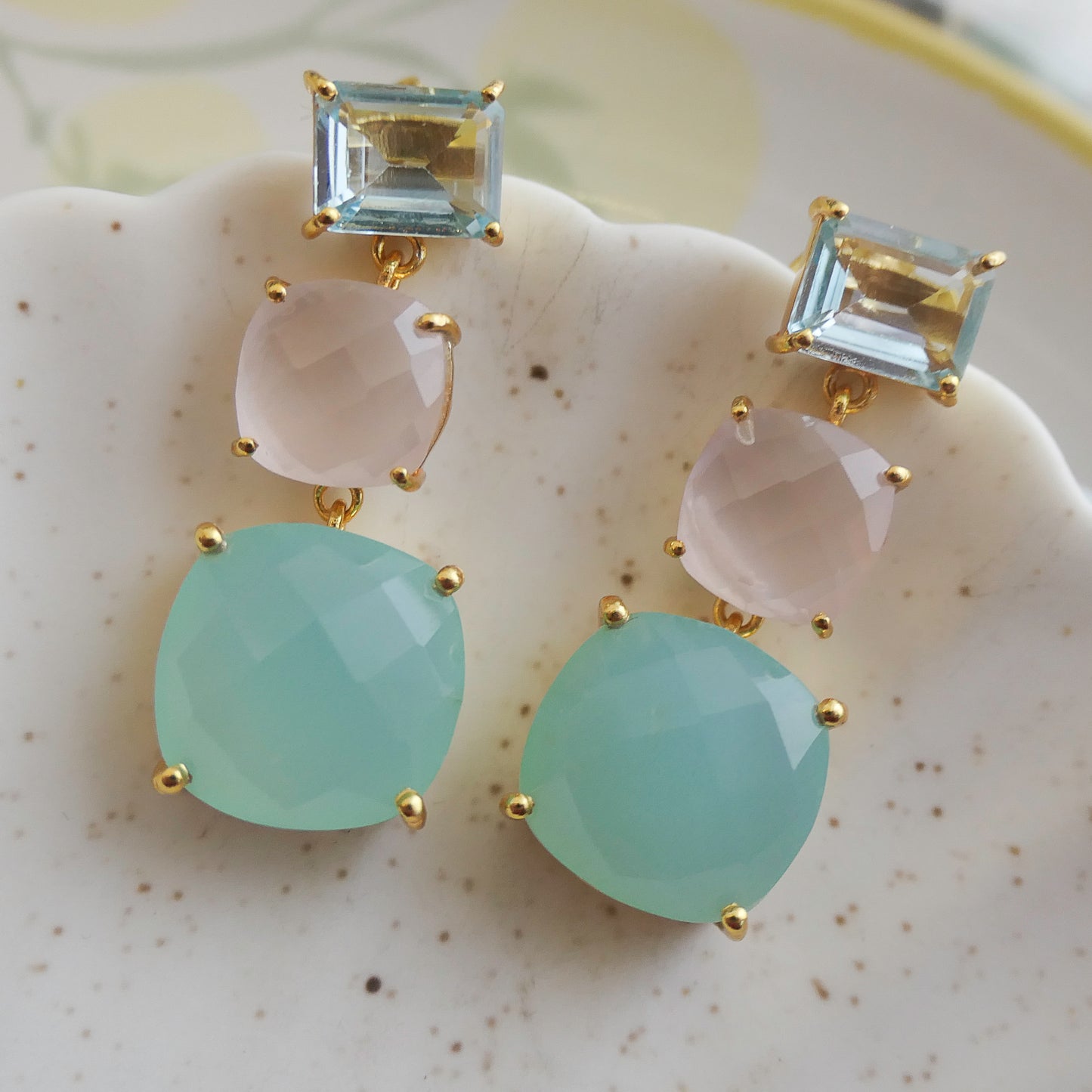 Blue Topaz, Rose Quartz and Aqua Chalcedony Vermeil Drop Earrings