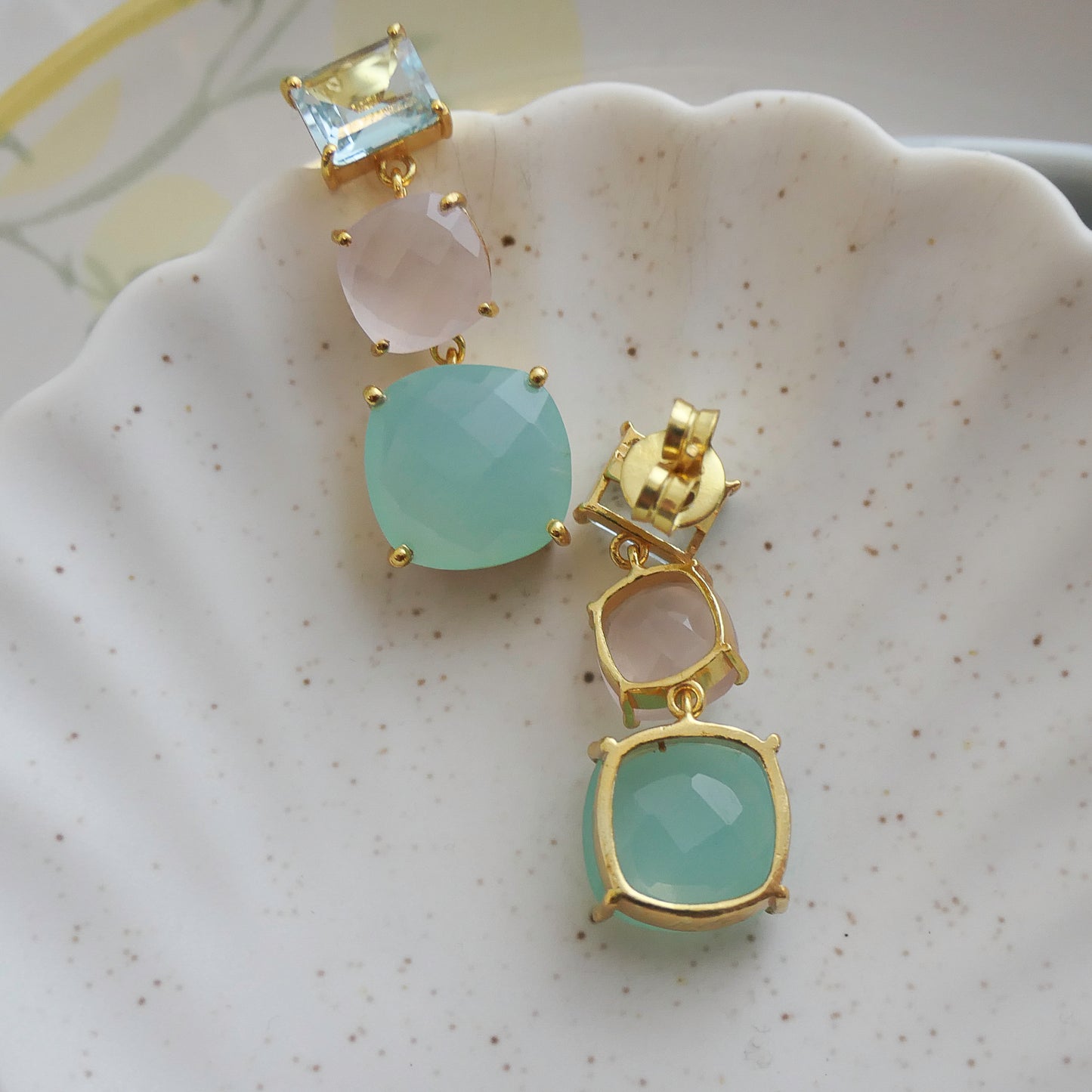 Blue Topaz, Rose Quartz and Aqua Chalcedony Vermeil Drop Earrings