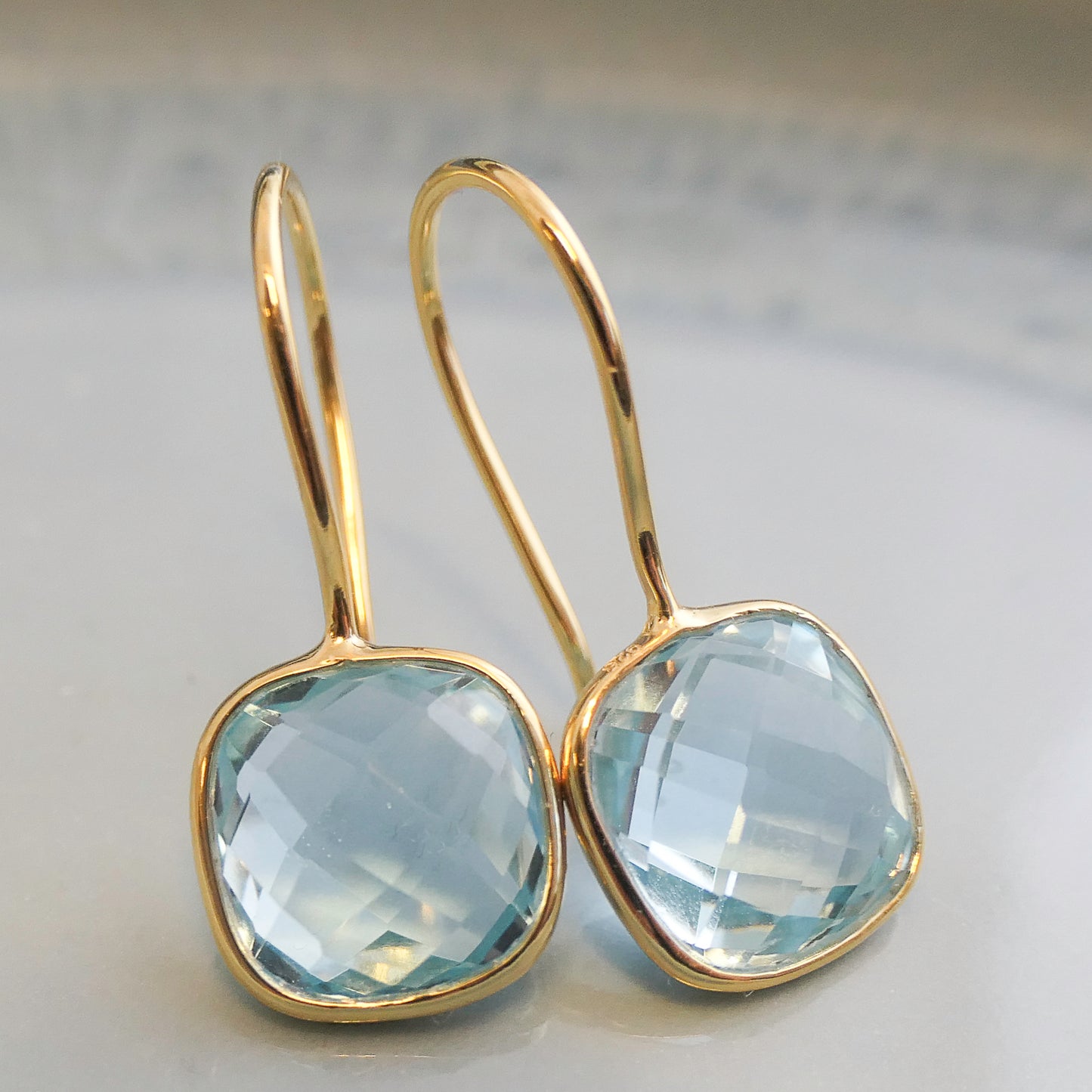 Blue Topaz 10mm Cushion Vermeil Drop Earrings