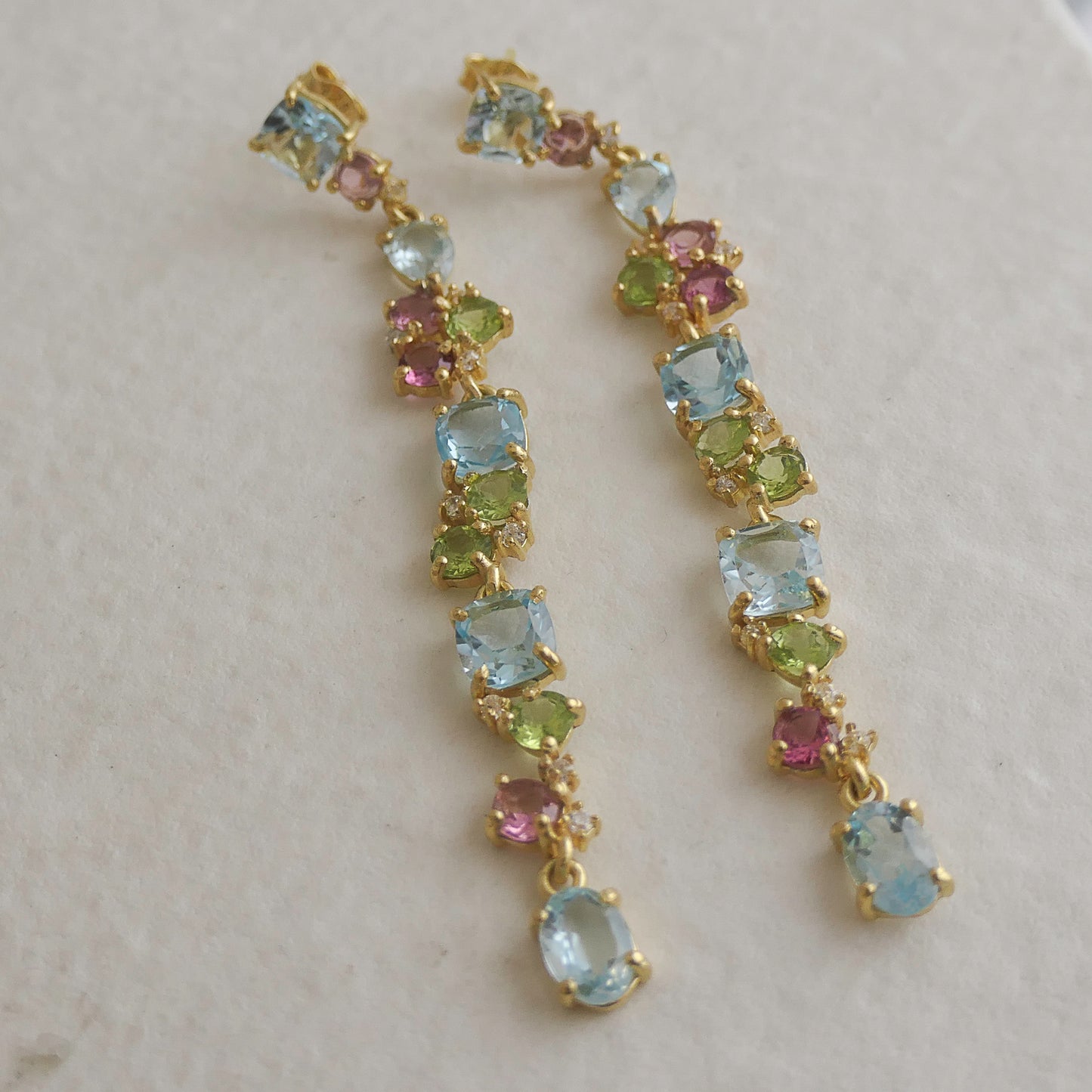 Blue Topaz, Tourmaline and Peridot Long Drop Earrings