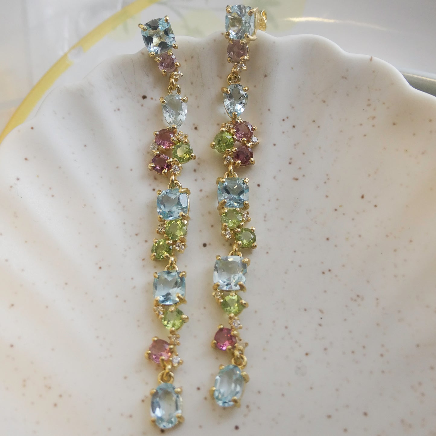 Blue Topaz, Tourmaline and Peridot Long Drop Earrings