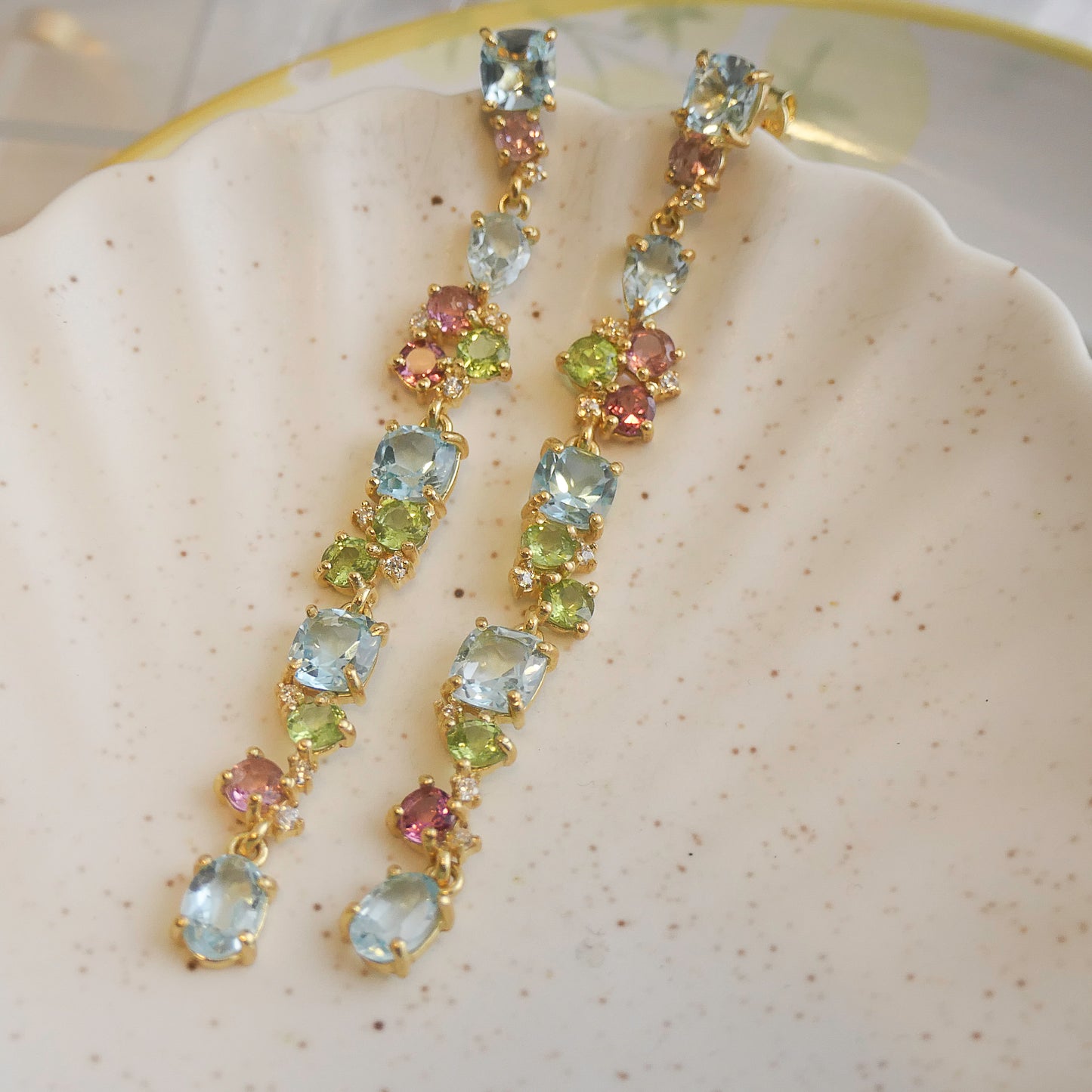 Blue Topaz, Tourmaline and Peridot Long Drop Earrings
