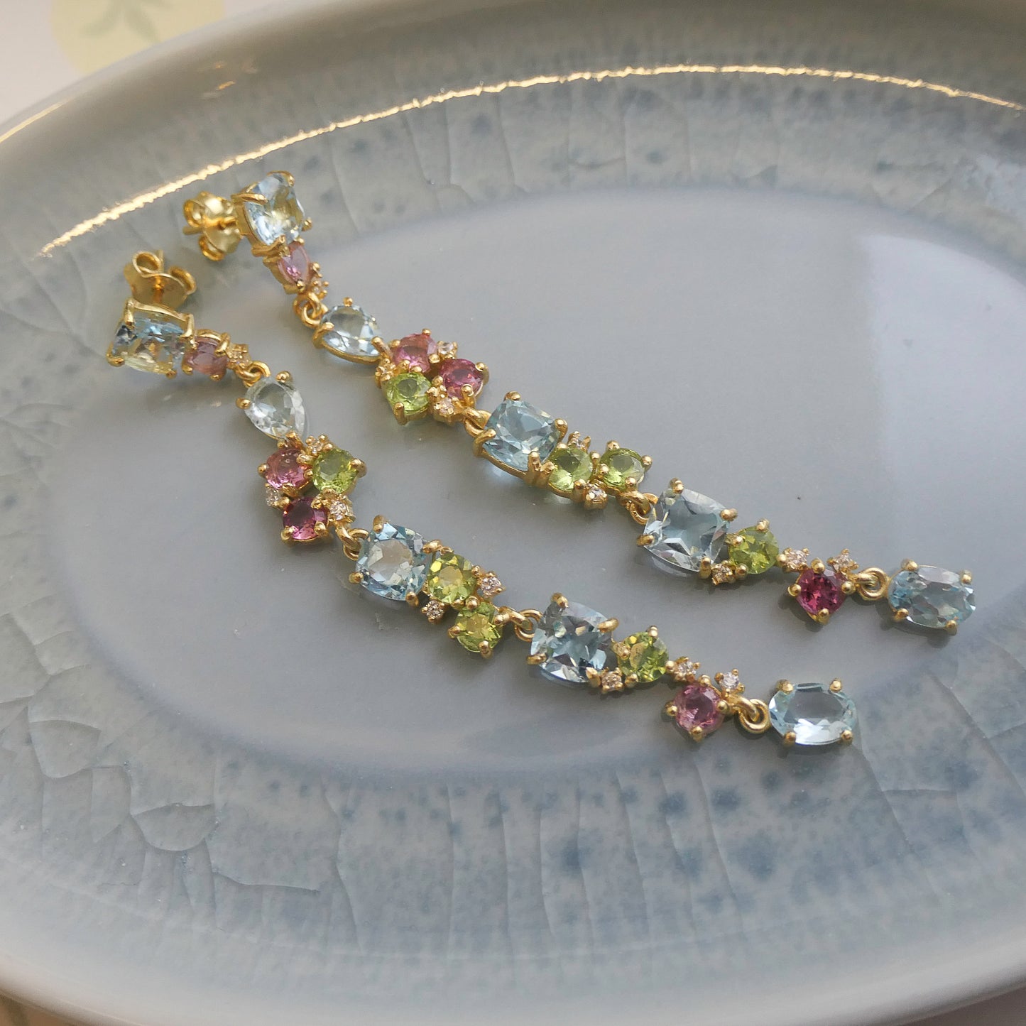 Blue Topaz, Tourmaline and Peridot Long Drop Earrings