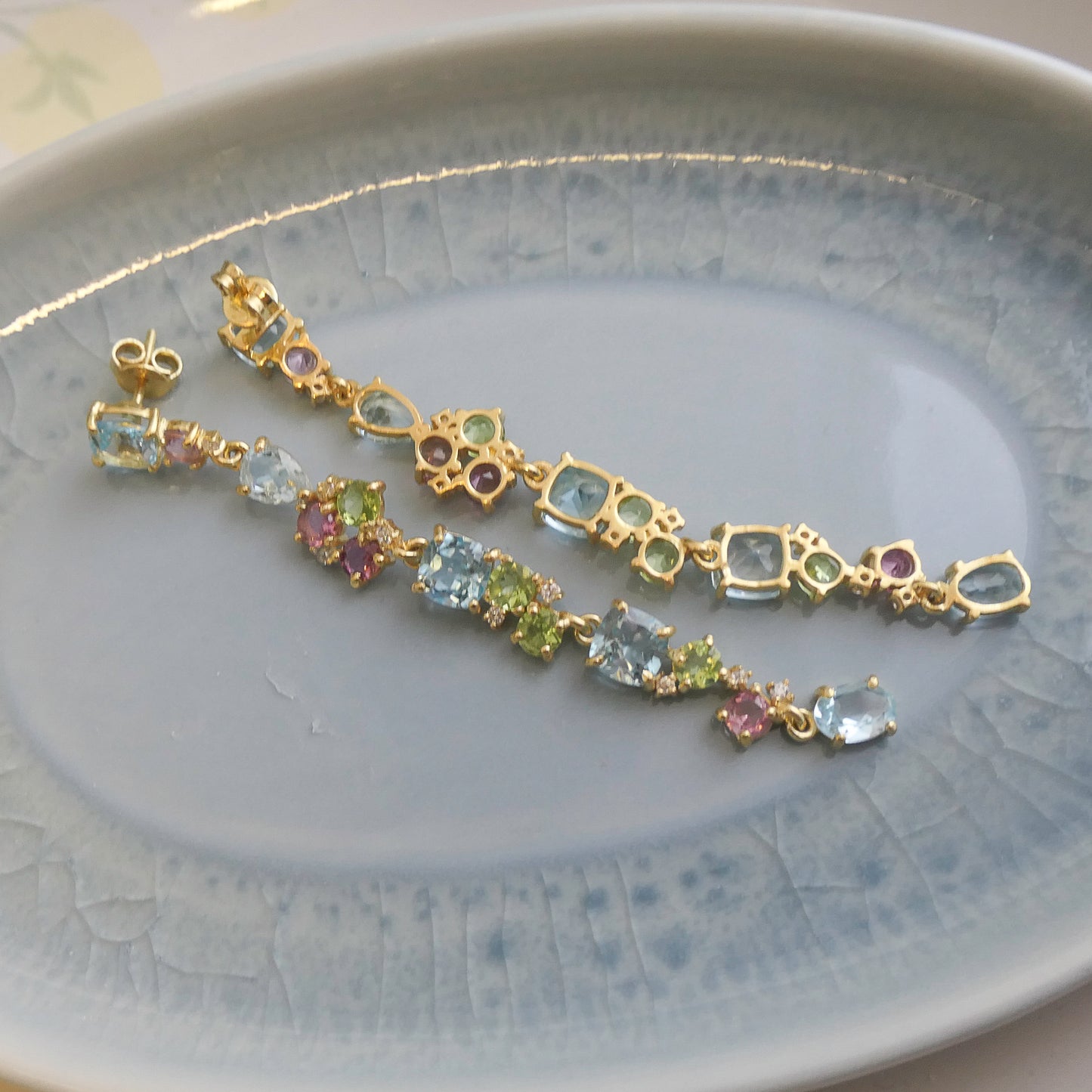 Blue Topaz, Tourmaline and Peridot Long Drop Earrings