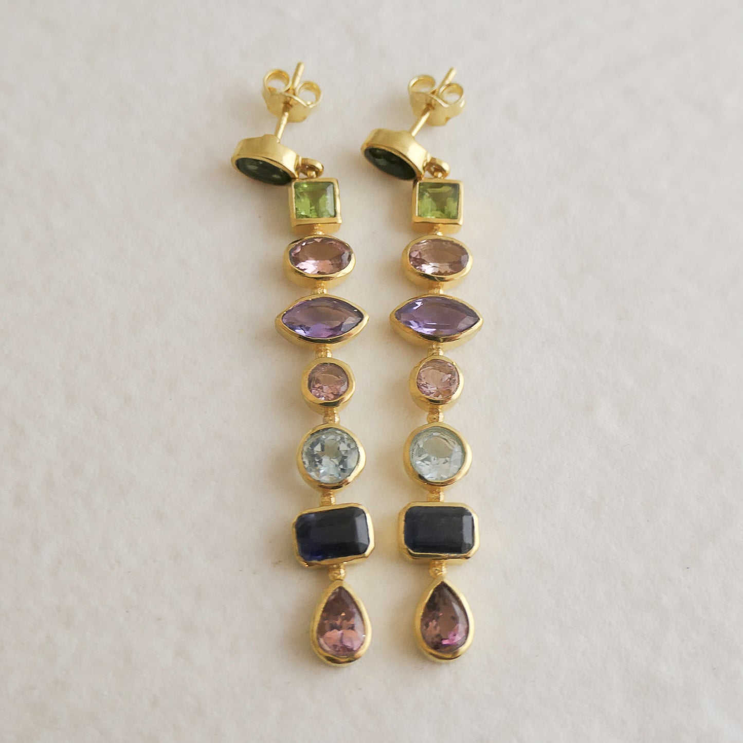 Tourmaline, Iolite, Peridot and Amethyst Long Drop Earrings