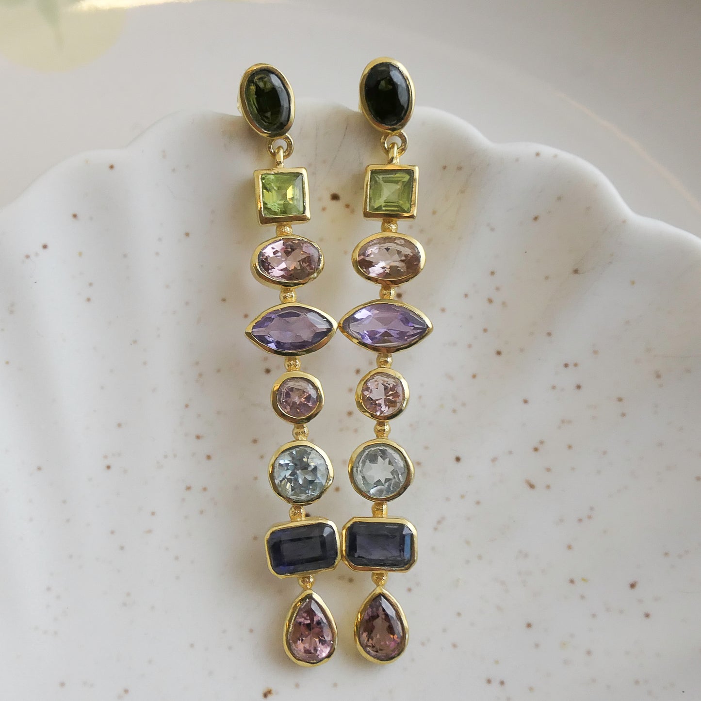 Tourmaline, Iolite, Peridot and Amethyst Long Drop Earrings