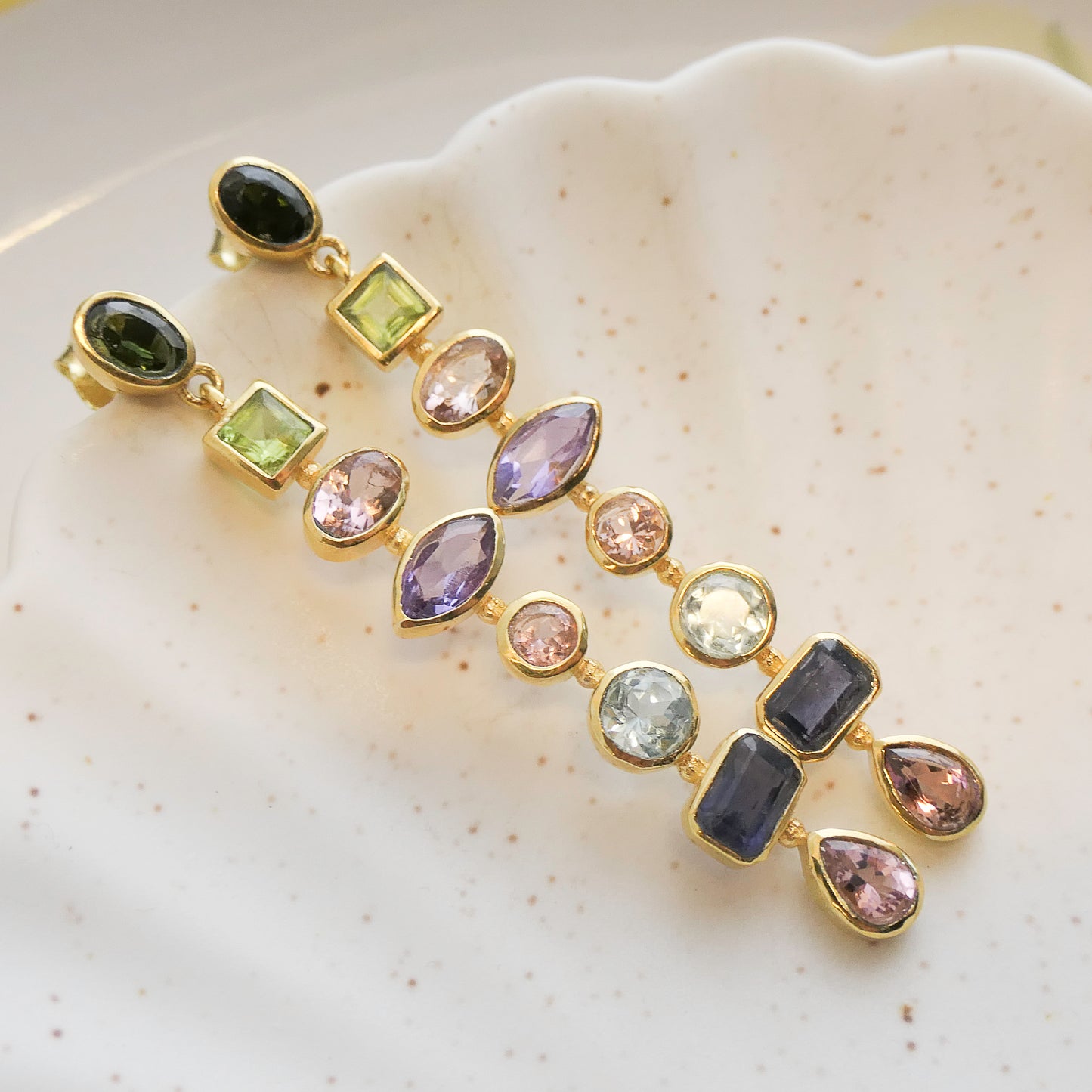 Tourmaline, Iolite, Peridot and Amethyst Long Drop Earrings